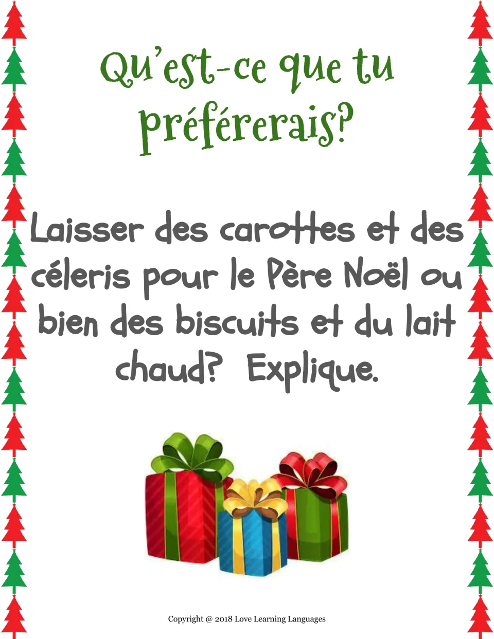 French would-you-rather card: leave carrots and celery for Père Noël or cookies and warm milk? Explain.