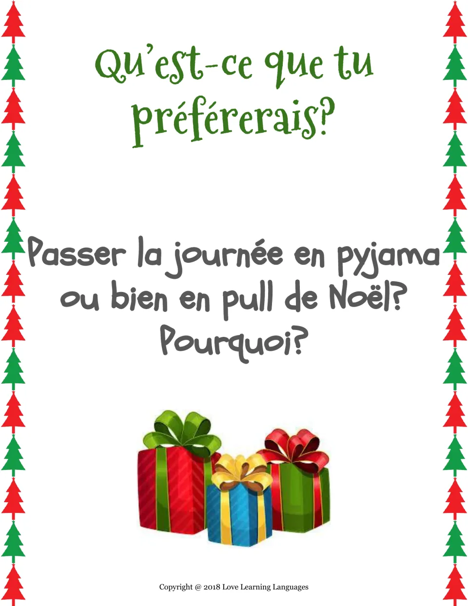 French would-you-rather card: spend the day in pajamas or in a Christmas sweater (pull de Noël)? Why?