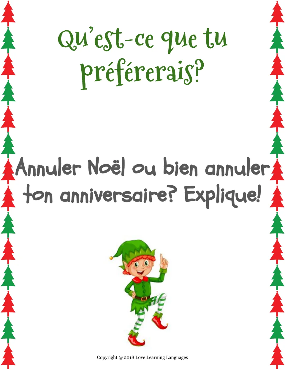 French would-you-rather card: cancel Christmas or cancel your birthday (ton anniversaire)? Explique!