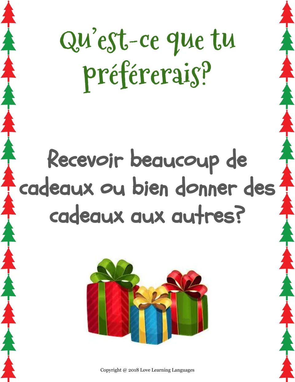 French would-you-rather card: receive many gifts (beaucoup de cadeaux) or give gifts to others?