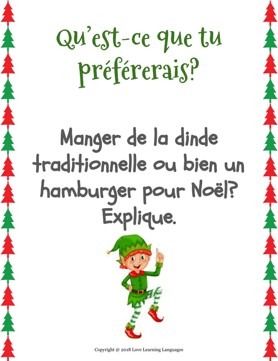 French would-you-rather card: eat traditional turkey (dinde) or a hamburger for Christmas? Explain.