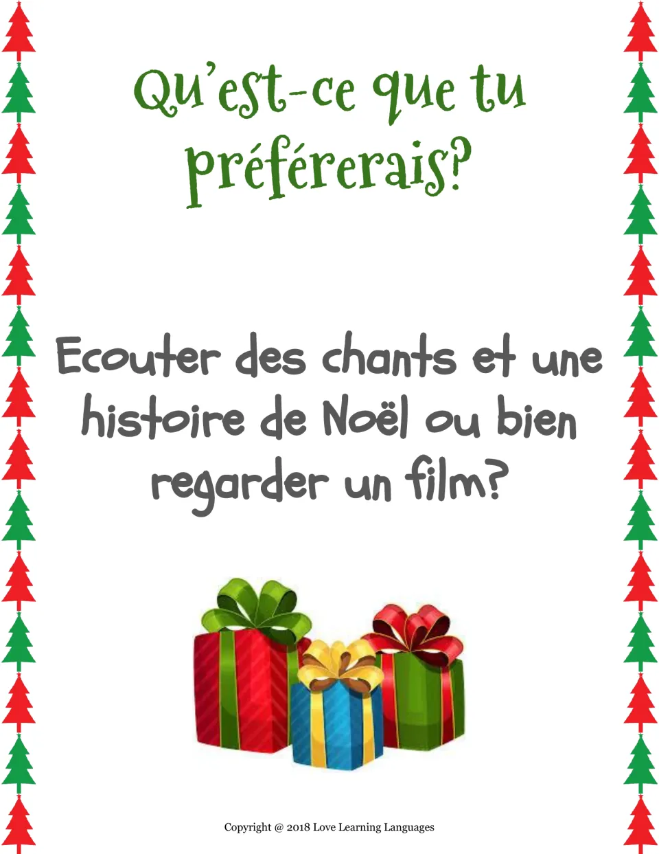 French would-you-rather card: listen to Christmas carols and a story or watch a movie (regarder un film)?