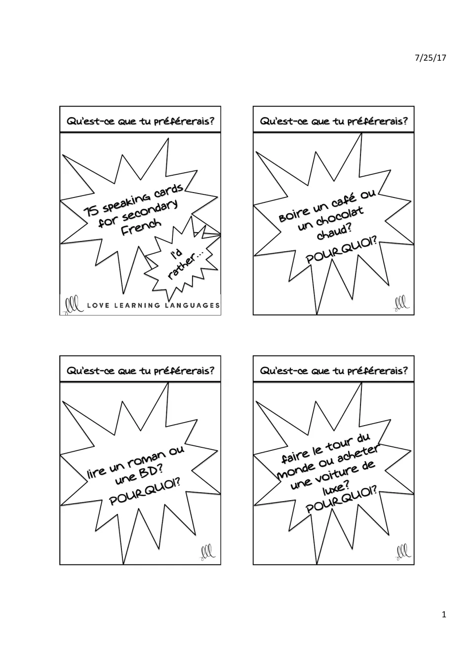 French 'I'd rather' speaking cards: title card plus café or hot chocolate, novel or comic, world trip or luxury car