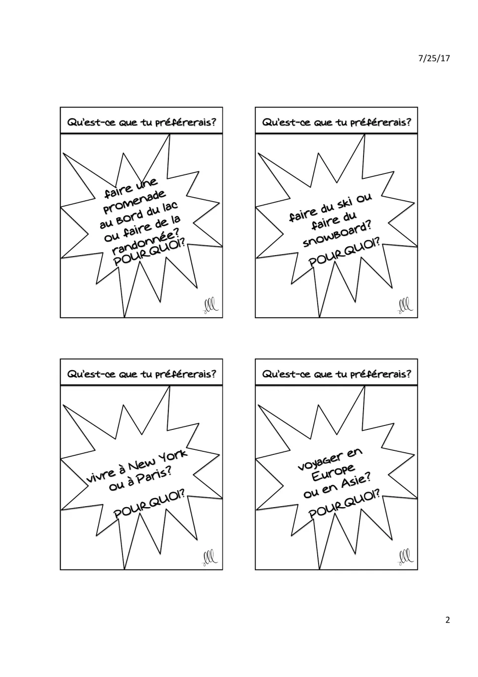 Speaking cards in French: lakeside walk or hike, ski or snowboard, New York or Paris, Europe or Asia