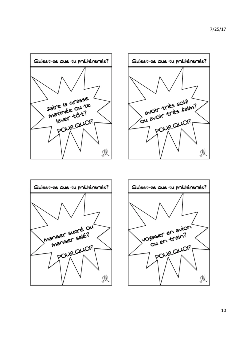 French speaking cards: sleep in or get up early, very thirsty or very hungry, sweet or salty, plane or train