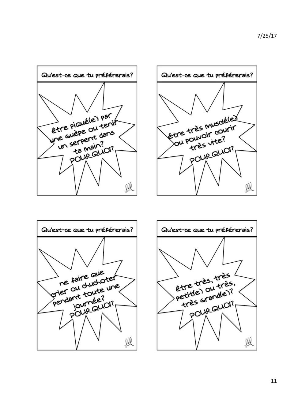 French speaking cards: wasp sting or holding a snake, muscular or fast, shout or whisper all day, tiny or tall