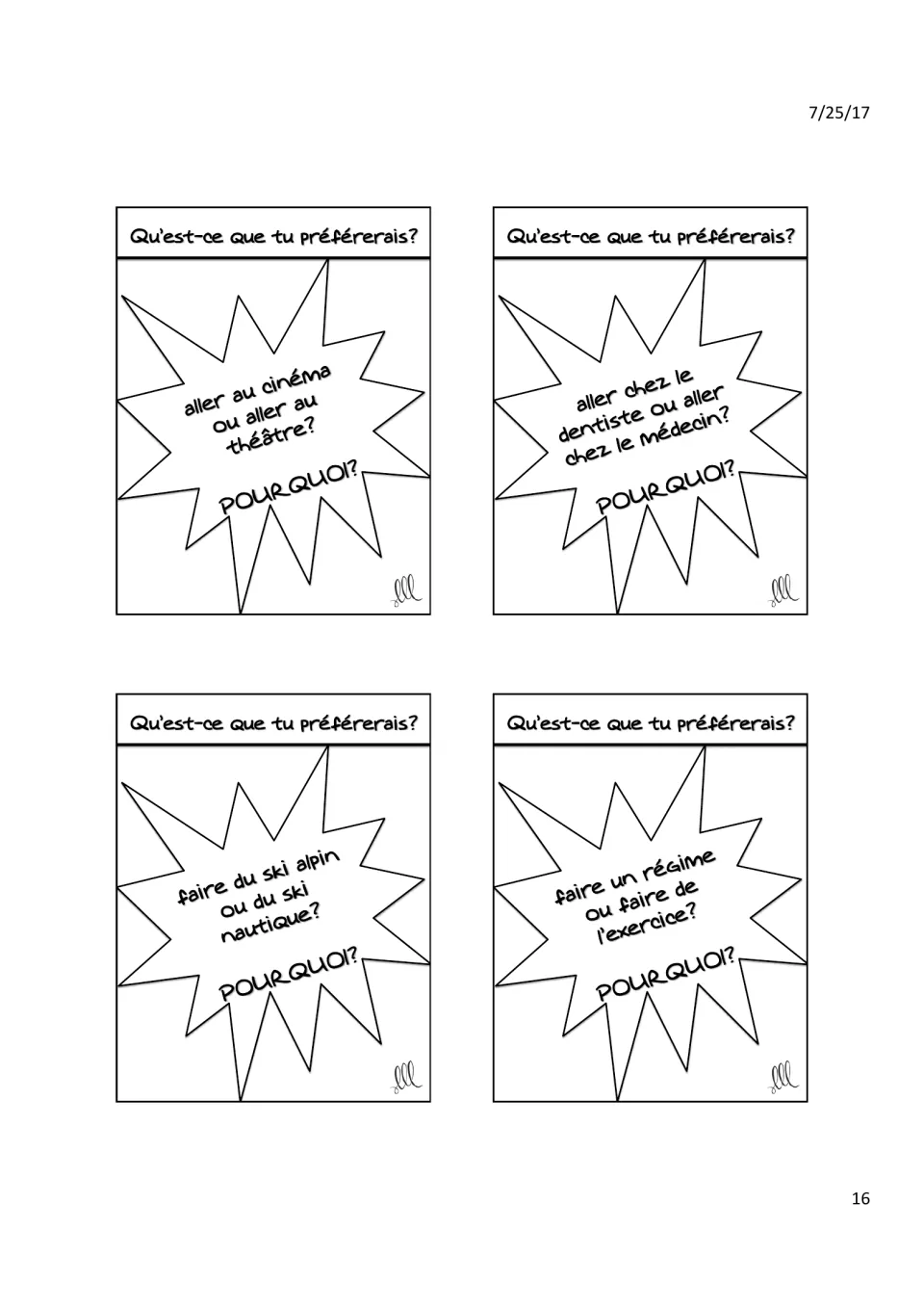 French question cards: movies or theater, dentist or doctor, downhill or water skiing, dieting or exercise