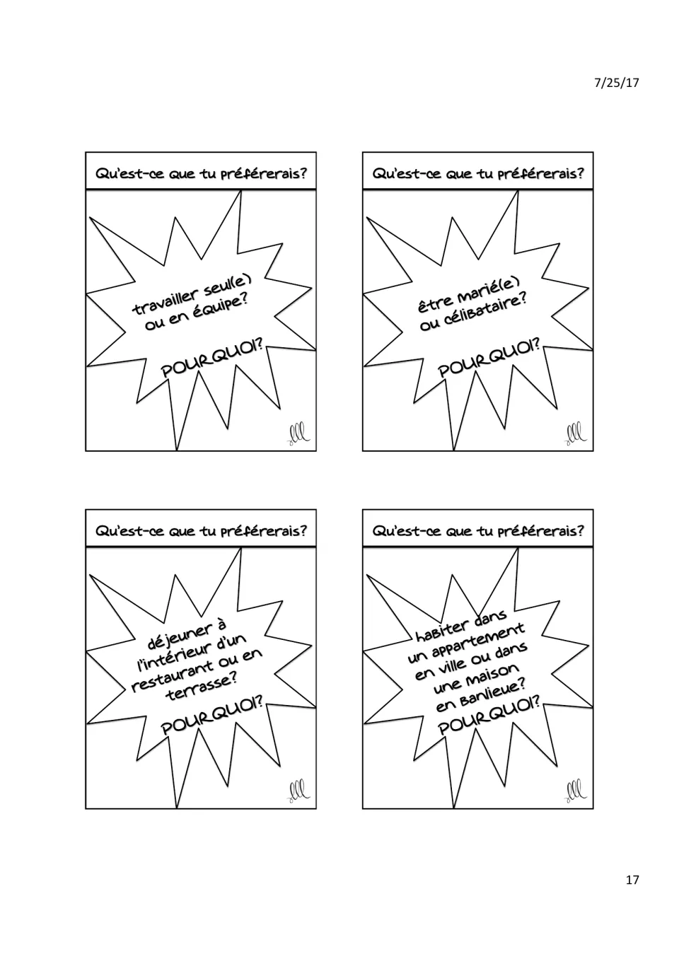 Cards with 'Pourquoi?': work alone or in a team, married or single, eat inside or on a terrace, city or suburbs