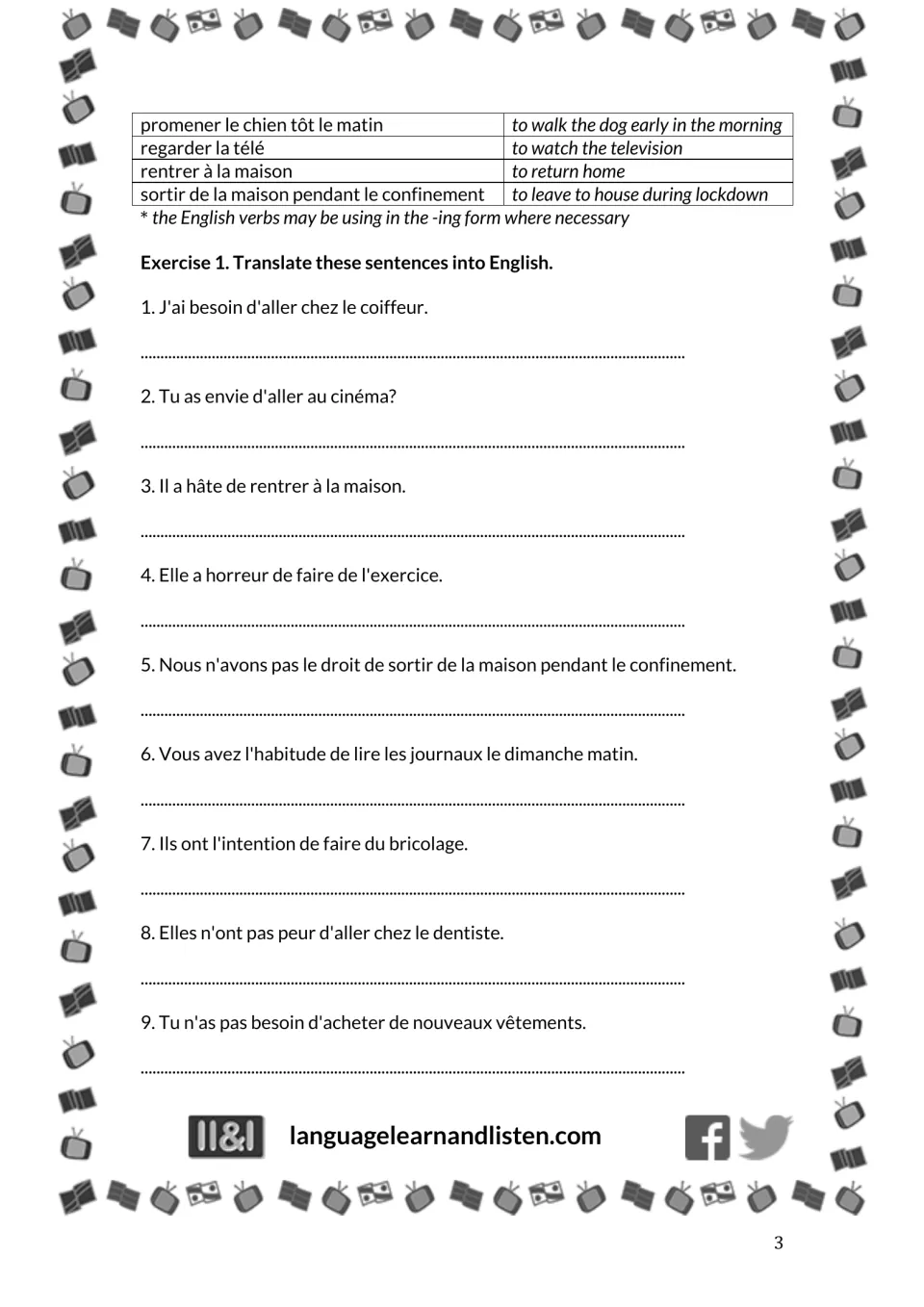 French-to-English exercise 1, items 1–9, follows four final phrases, including regarder la télé (to watch TV)