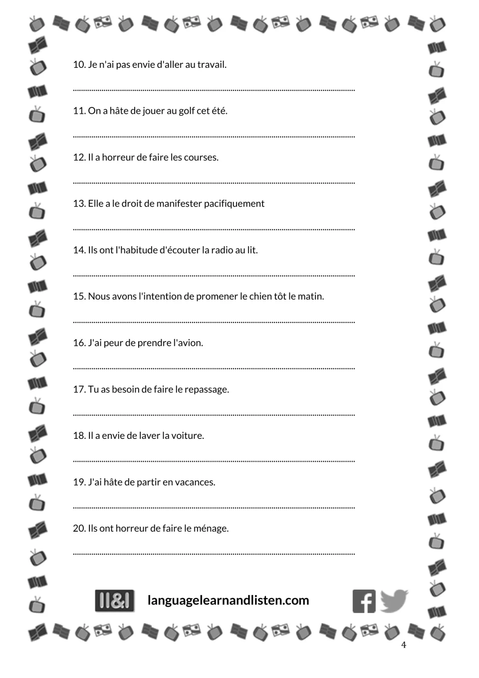 French-to-English exercise 1, items 10–20: avoir expressions about work, golf, chores, rights, and flying