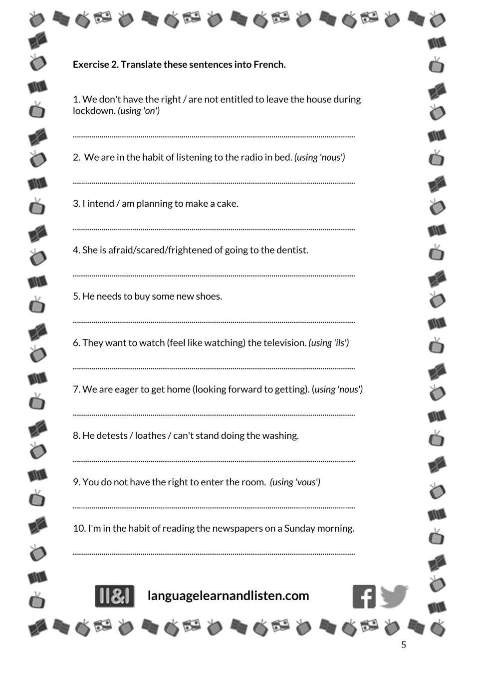 English-to-French exercise 2, items 1–10: translate sentences about rights, habits, plans, fears, and needs