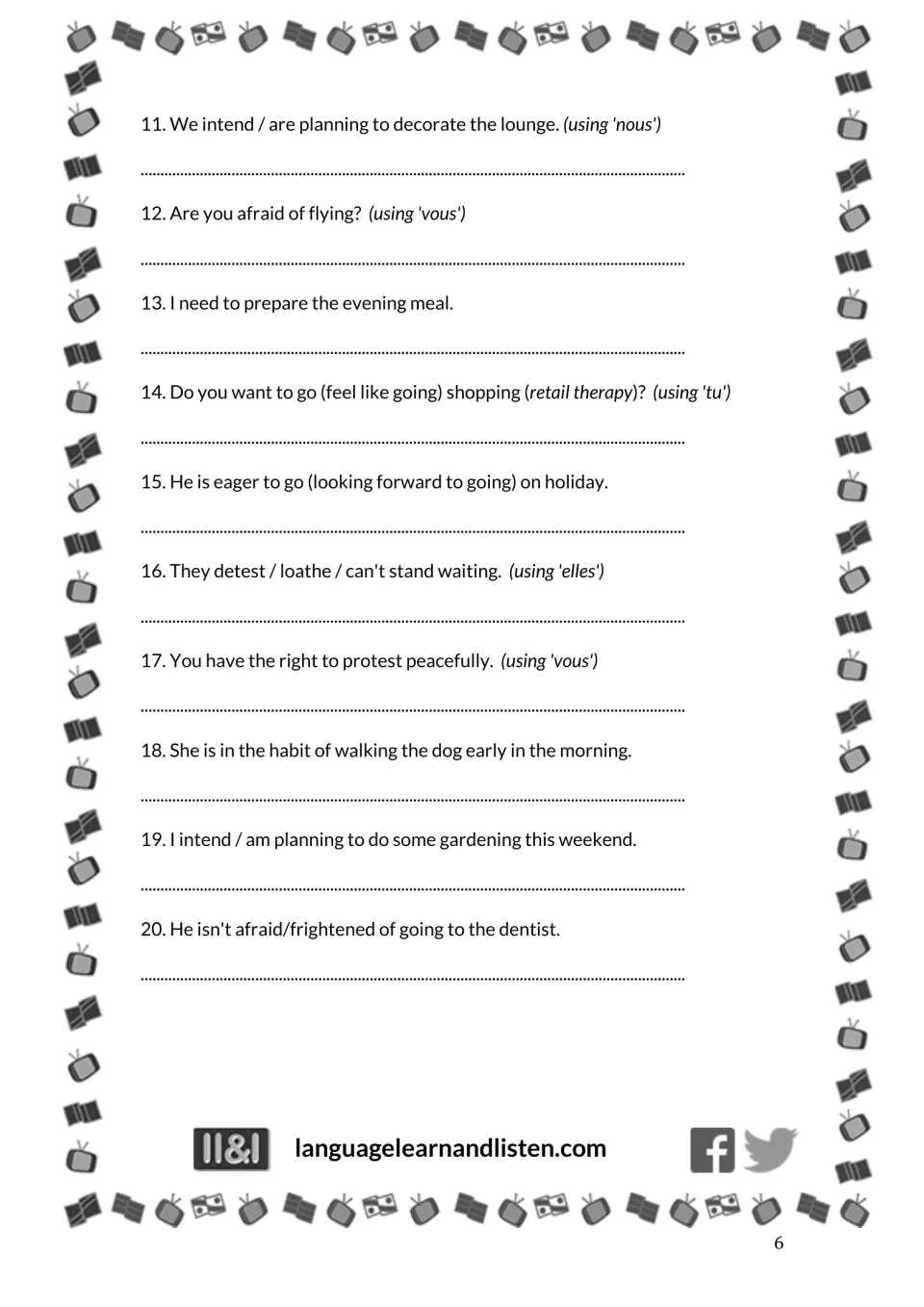 English-to-French exercise 2, items 11–20: translate sentences about decorating, flying, shopping, and more