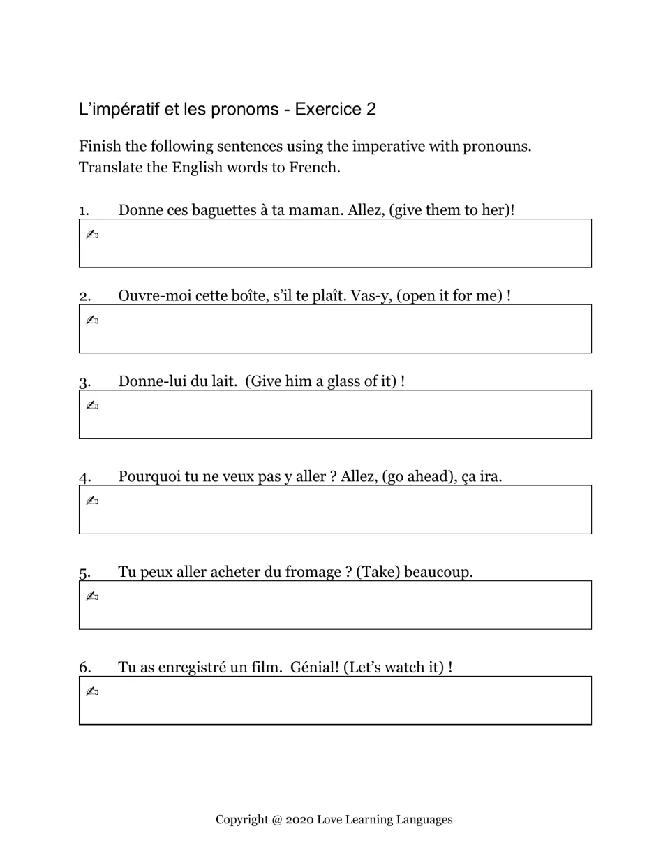 French imperative practice, items 1–6: translate commands such as “give them to her” and “let’s watch it.”