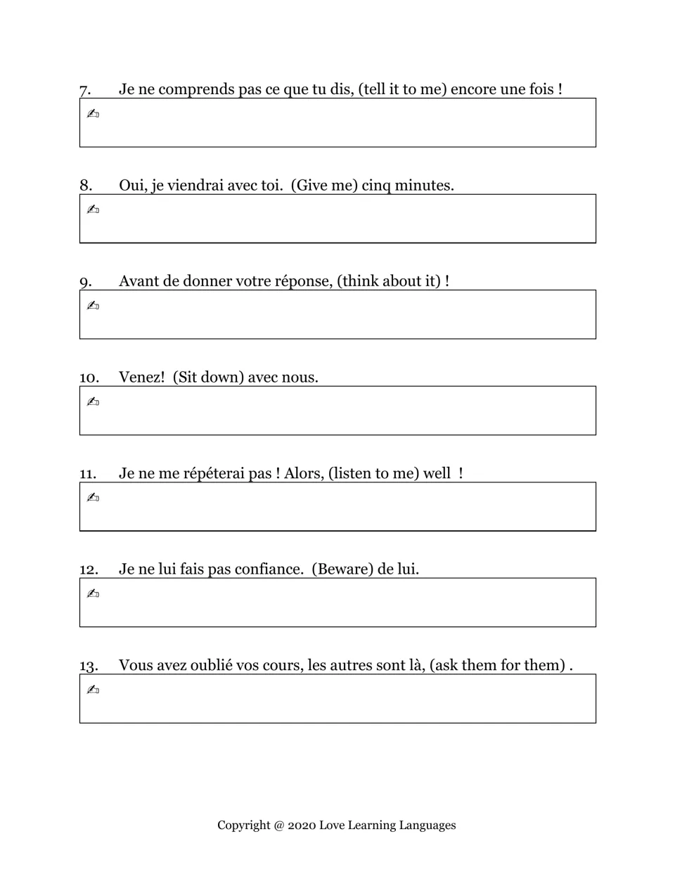 French imperative practice, items 7–13: translate “tell it to me,” “think about it,” and five more commands.