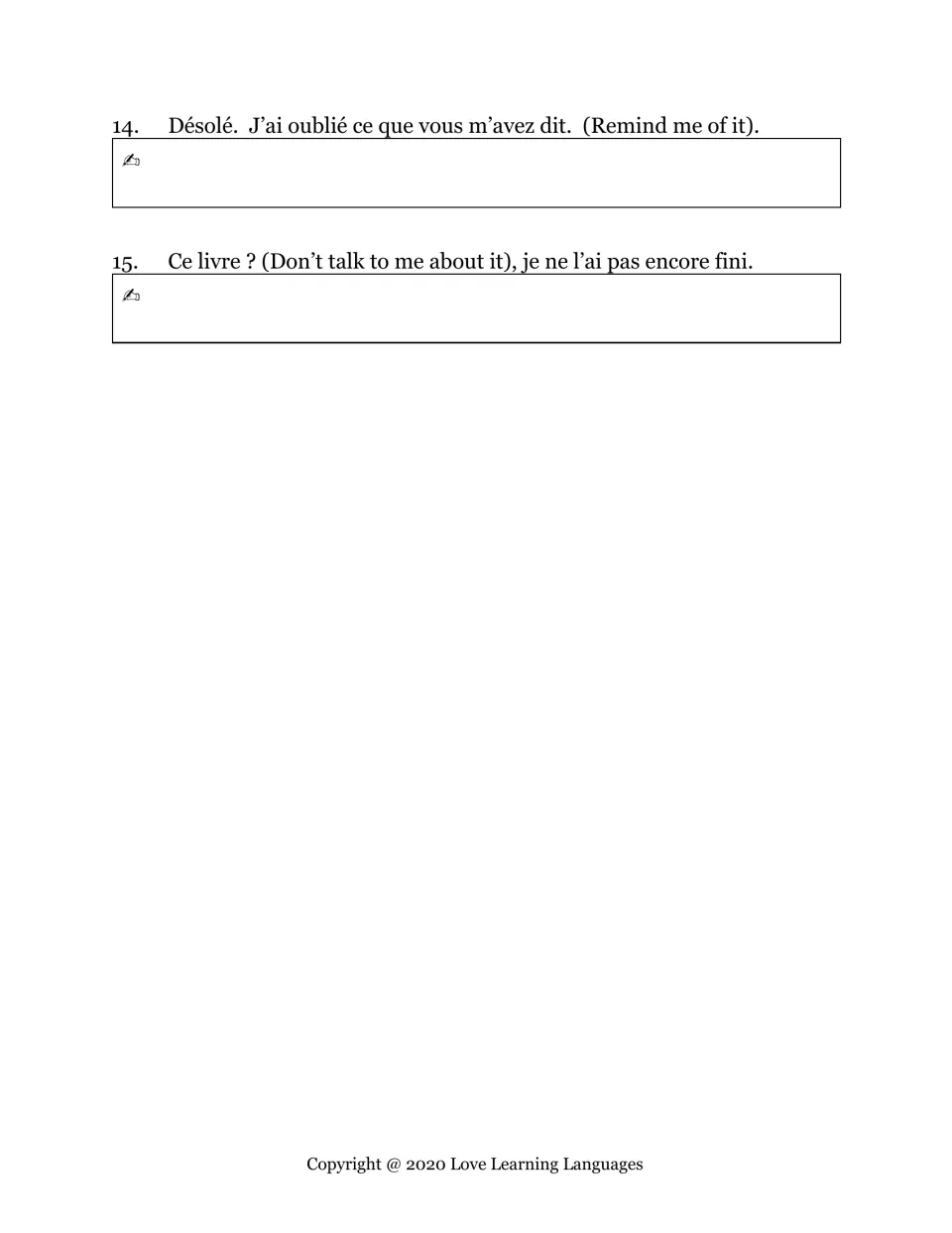 French imperative practice, items 14–15: translate “Remind me of it” and “Don’t talk to me about it.”