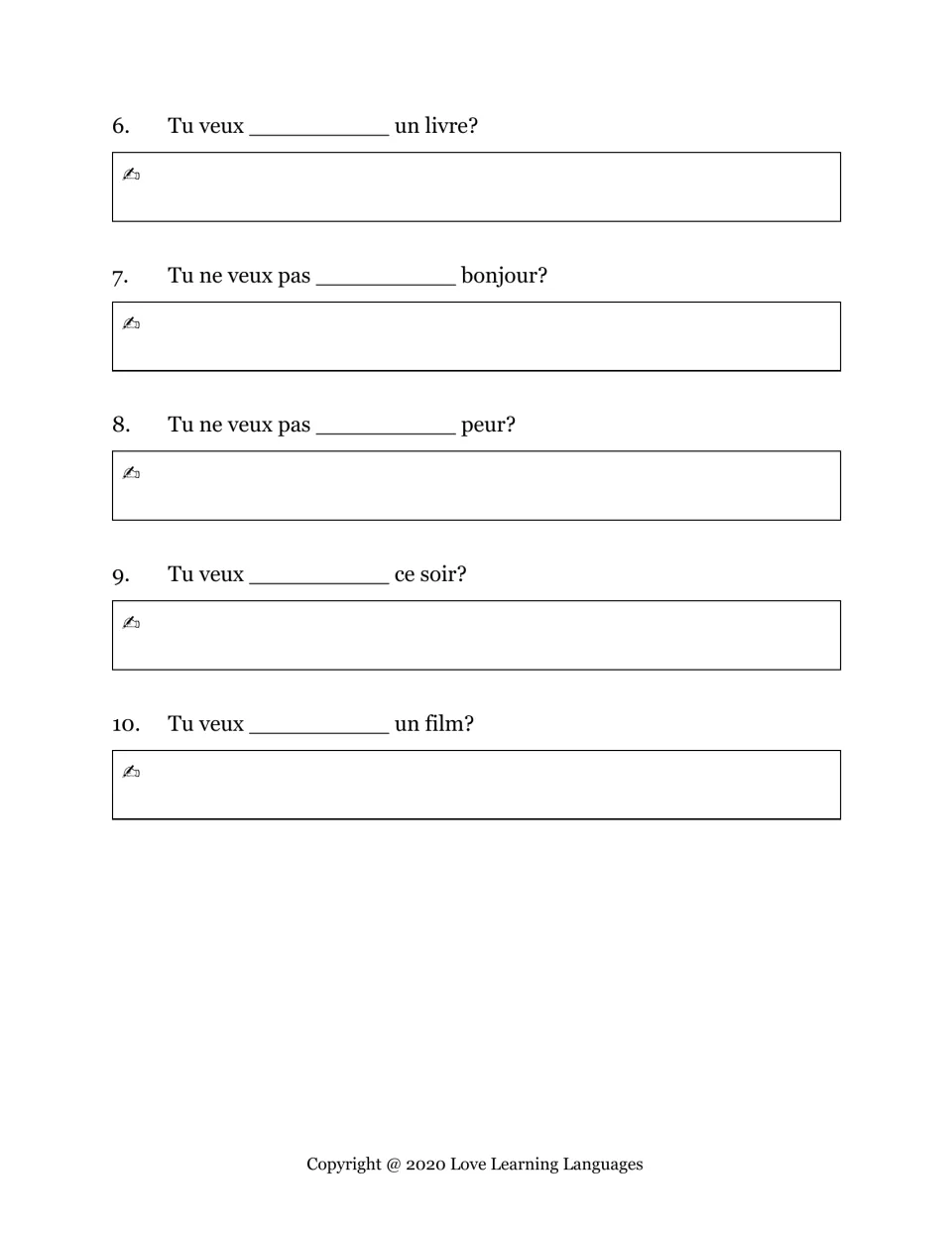 Imperative listening items 6-10: students fill in the heard verb, e.g. Tu veux ___ un film?, and write the TU command