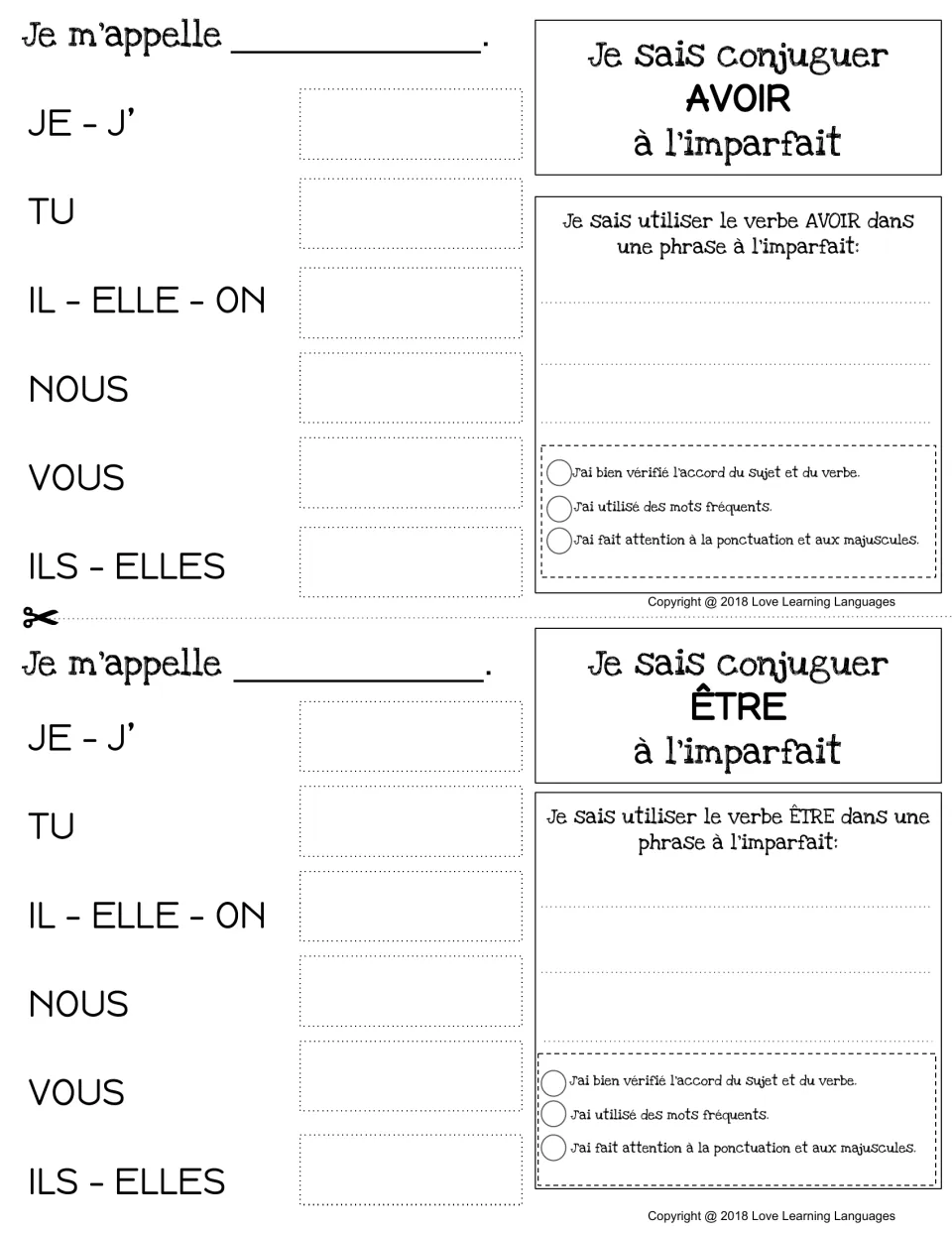 Imperfect tense charts for avoir (to have) and être (to be), with conjugation and sentence-writing practice.