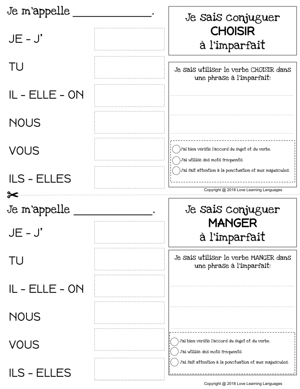 Imperfect tense charts for choisir (to choose) and manger (to eat), with conjugation and sentence practice.