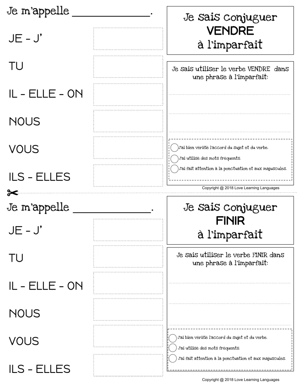Imperfect tense charts for vendre (to sell) and finir (to finish), with conjugation and sentence practice.