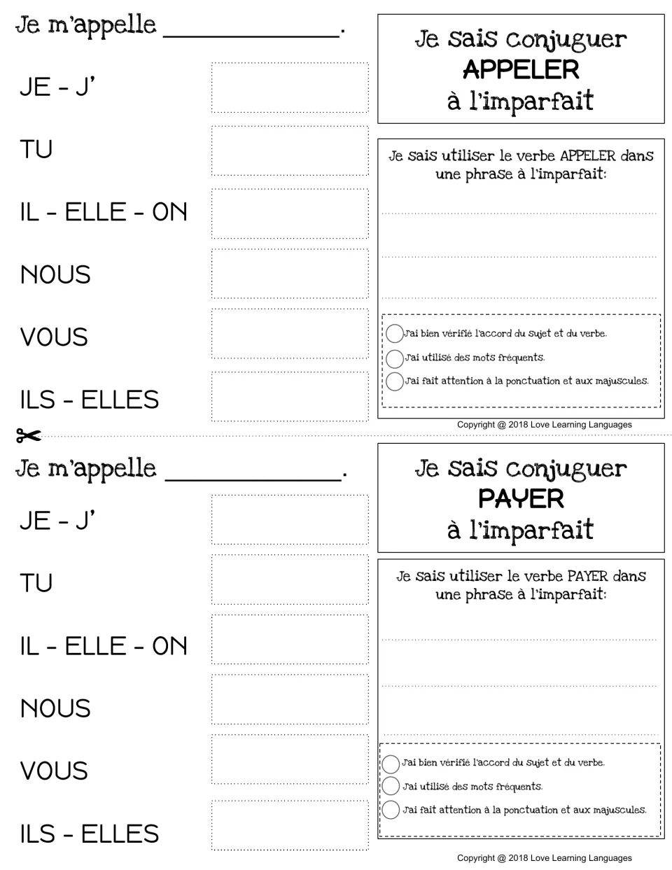 Imperfect tense charts for appeler (to call) and payer (to pay), with conjugation and sentence practice.