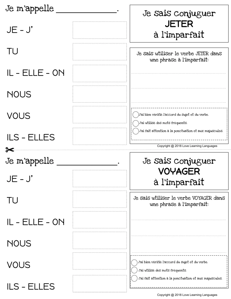 Imperfect tense charts for jeter (to throw) and voyager (to travel), with conjugation and sentence practice.