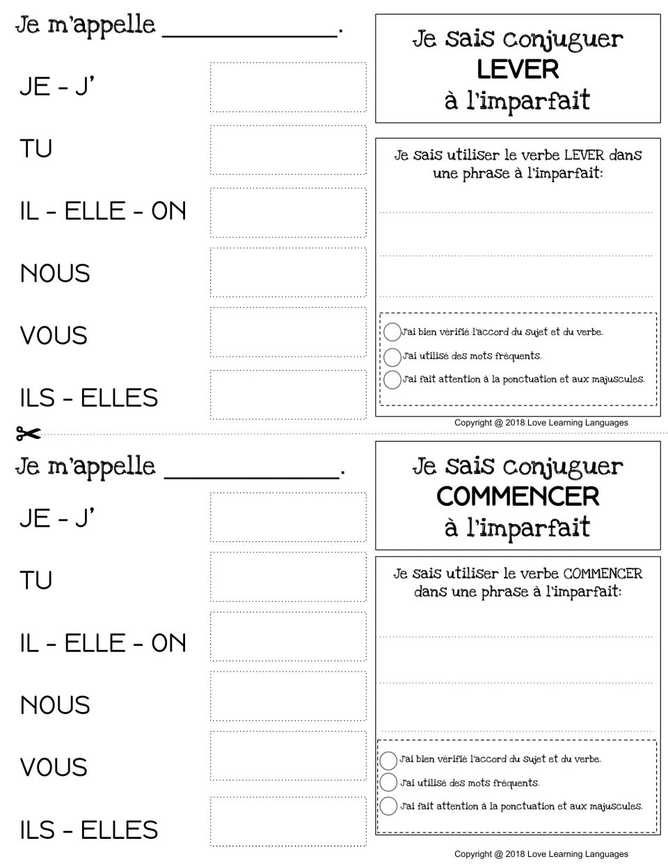 Imperfect tense charts for lever (to raise) and commencer (to begin), with conjugation and sentence practice.