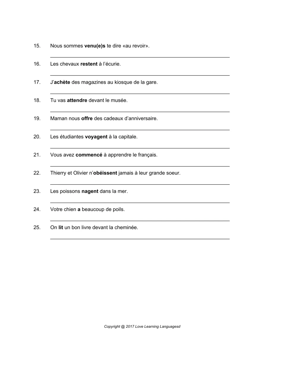 French imperfect tense practice, sentences 15–25: rewrite examples using venir, rester, acheter, and other verbs.