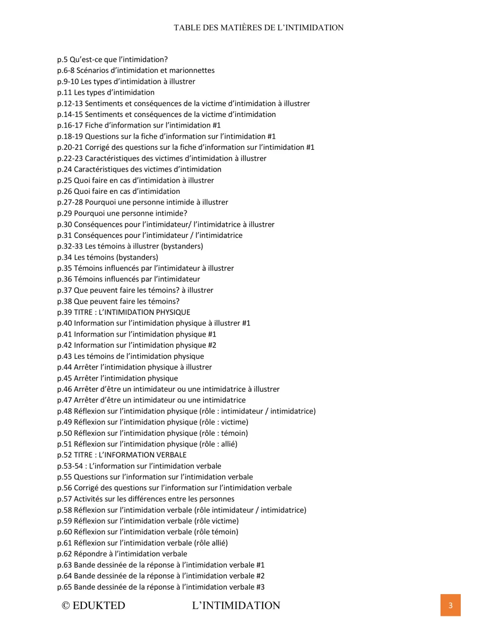 First contents page lists bullying definitions, victim feelings, bystanders, and physical and verbal bullying