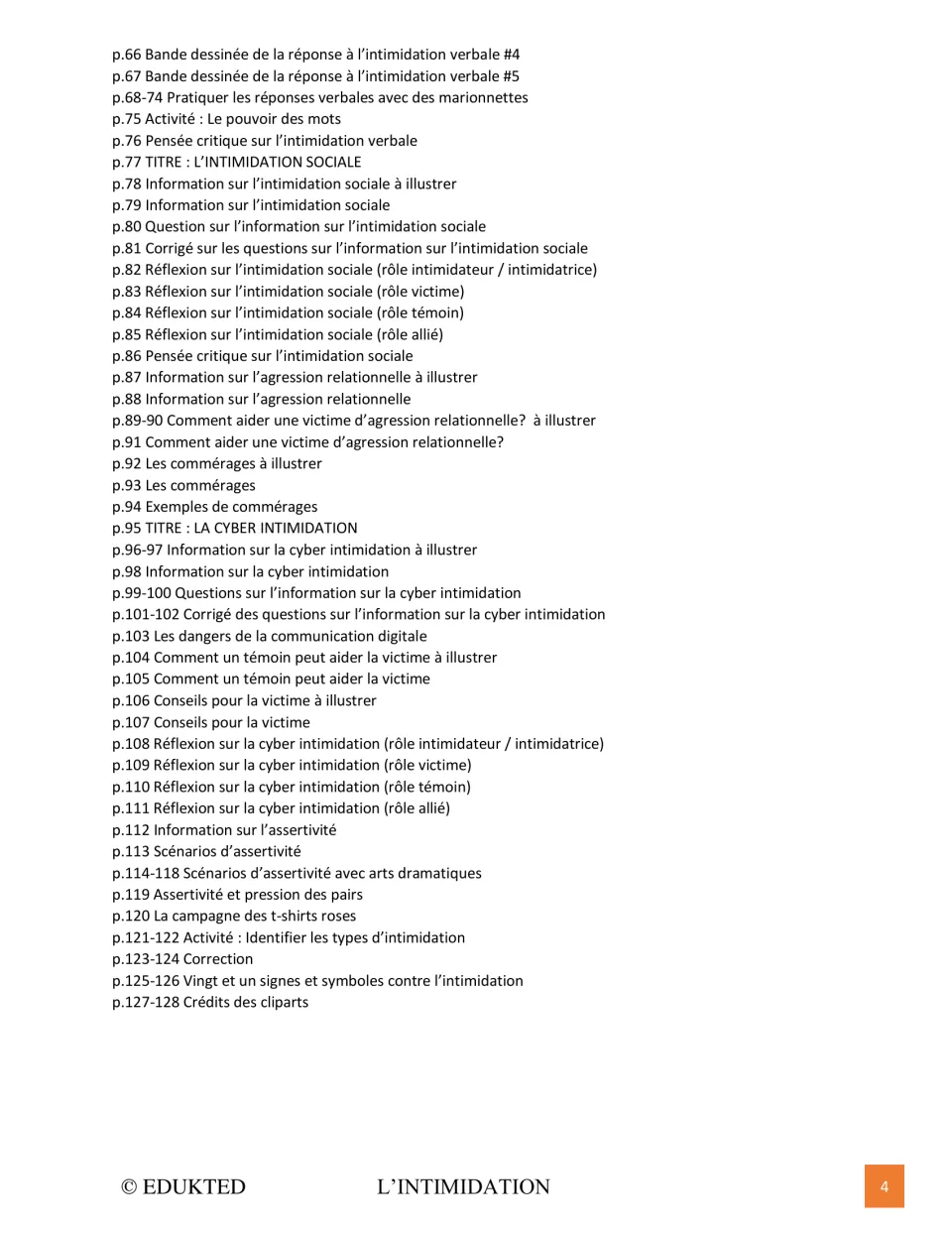 Second contents page lists verbal, social, and cyberbullying activities, assertiveness, and clip-art credits