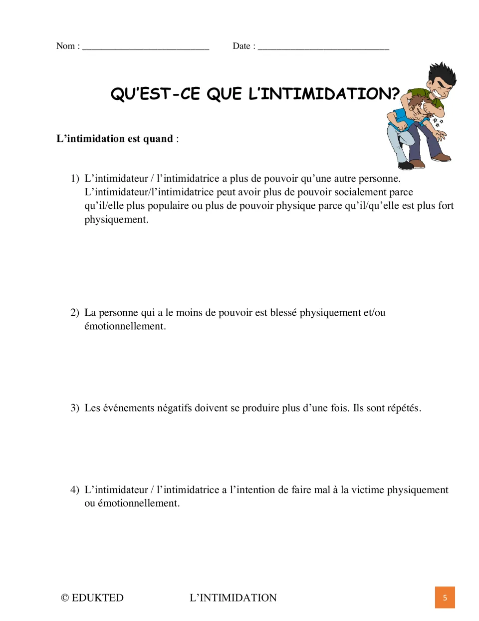 French bullying definition sheet explains unequal power, physical or emotional harm, repetition, and intent