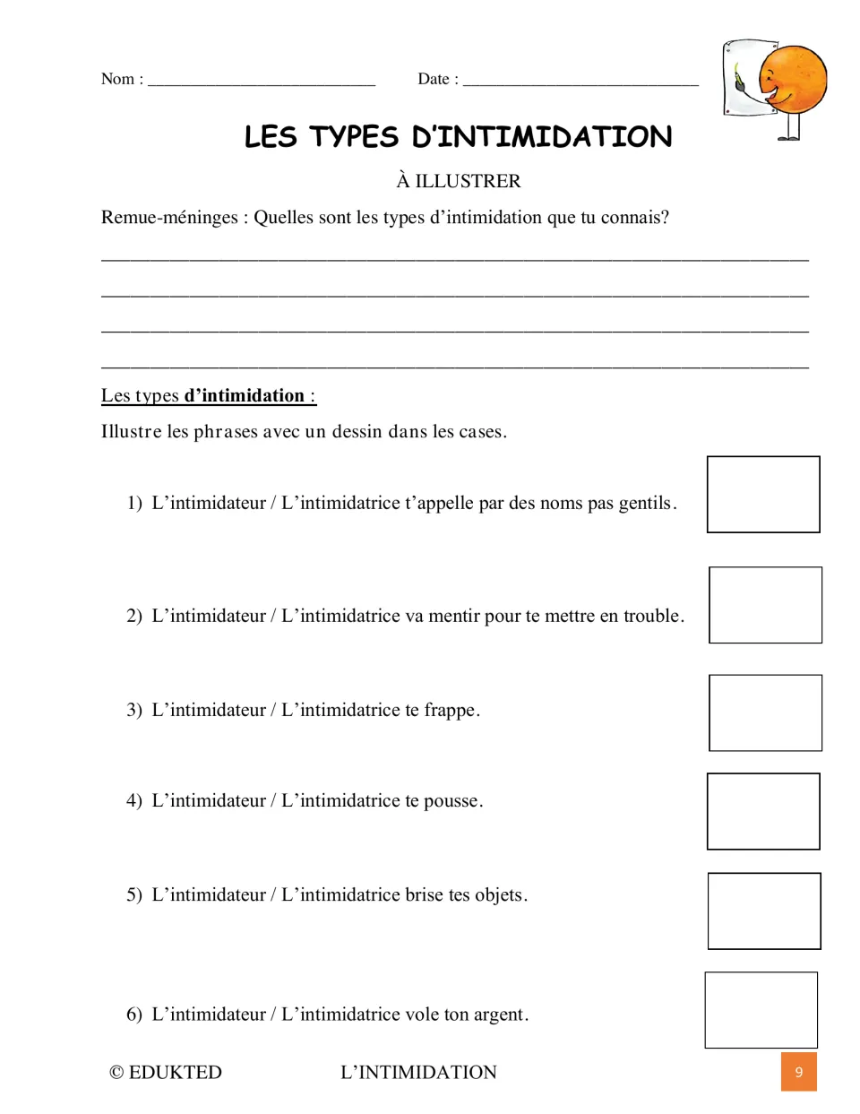 French bullying drawing activity asks students to illustrate name-calling, lying, hitting, and three more acts