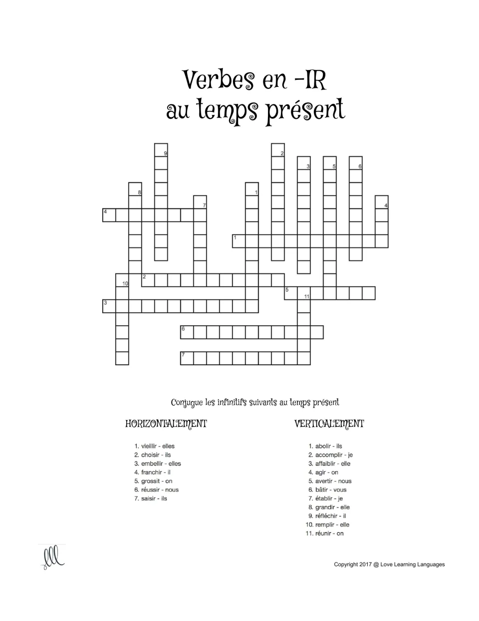 French -IR verbs in the present tense: students conjugate 18 infinitives, such as choisir - ils, to fill a crossword