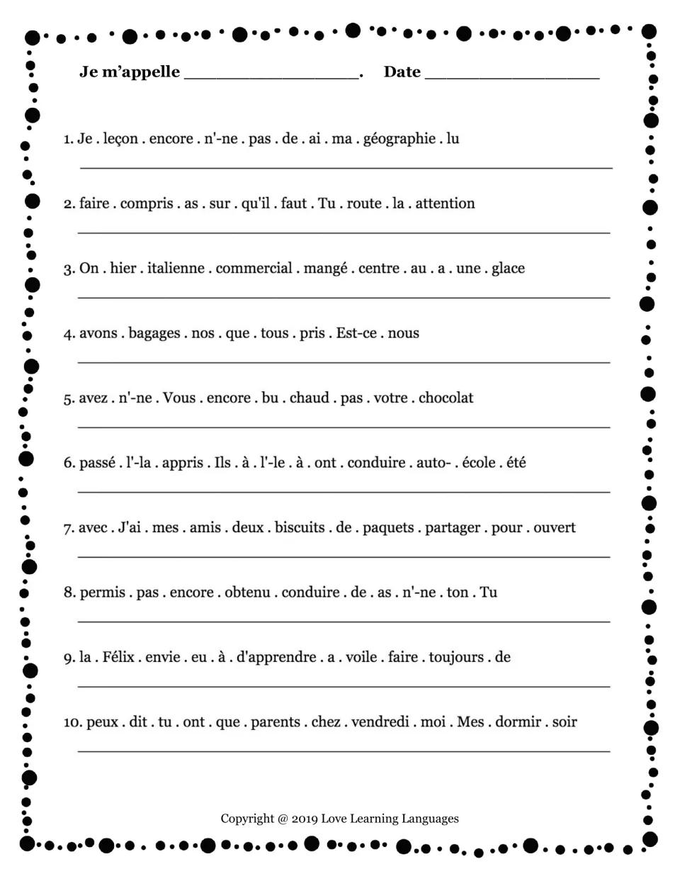 French passé composé practice: 10 scrambled sentences using lu (read), compris (understood), and other participles