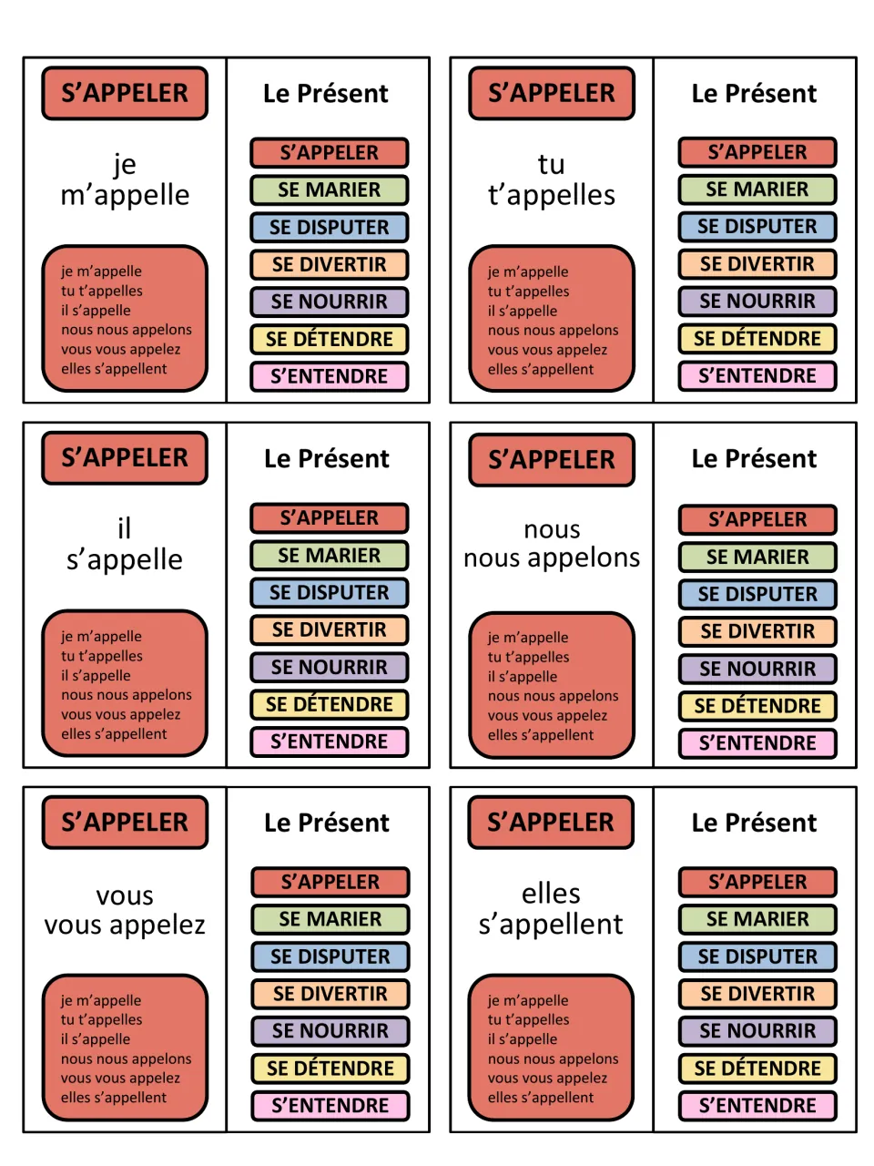 French game cards 1–6: s’appeler (to be called), conjugated for je, tu, il, nous, vous and elles.