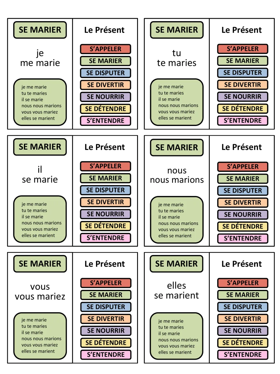 French game cards 7–12: se marier (to get married), conjugated for je, tu, il, nous, vous and elles.