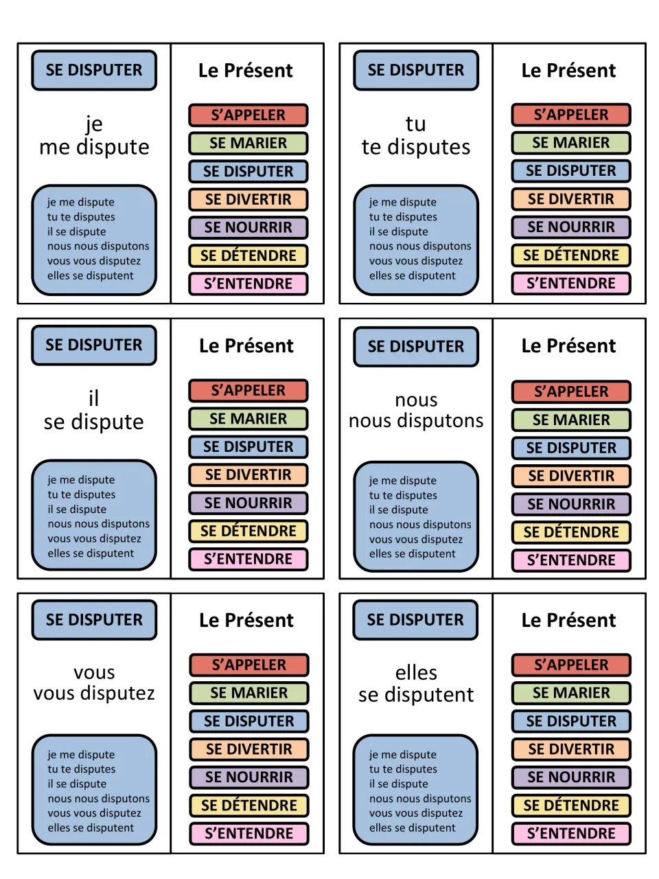 French game cards 13–18: se disputer (to argue), conjugated for je, tu, il, nous, vous and elles.