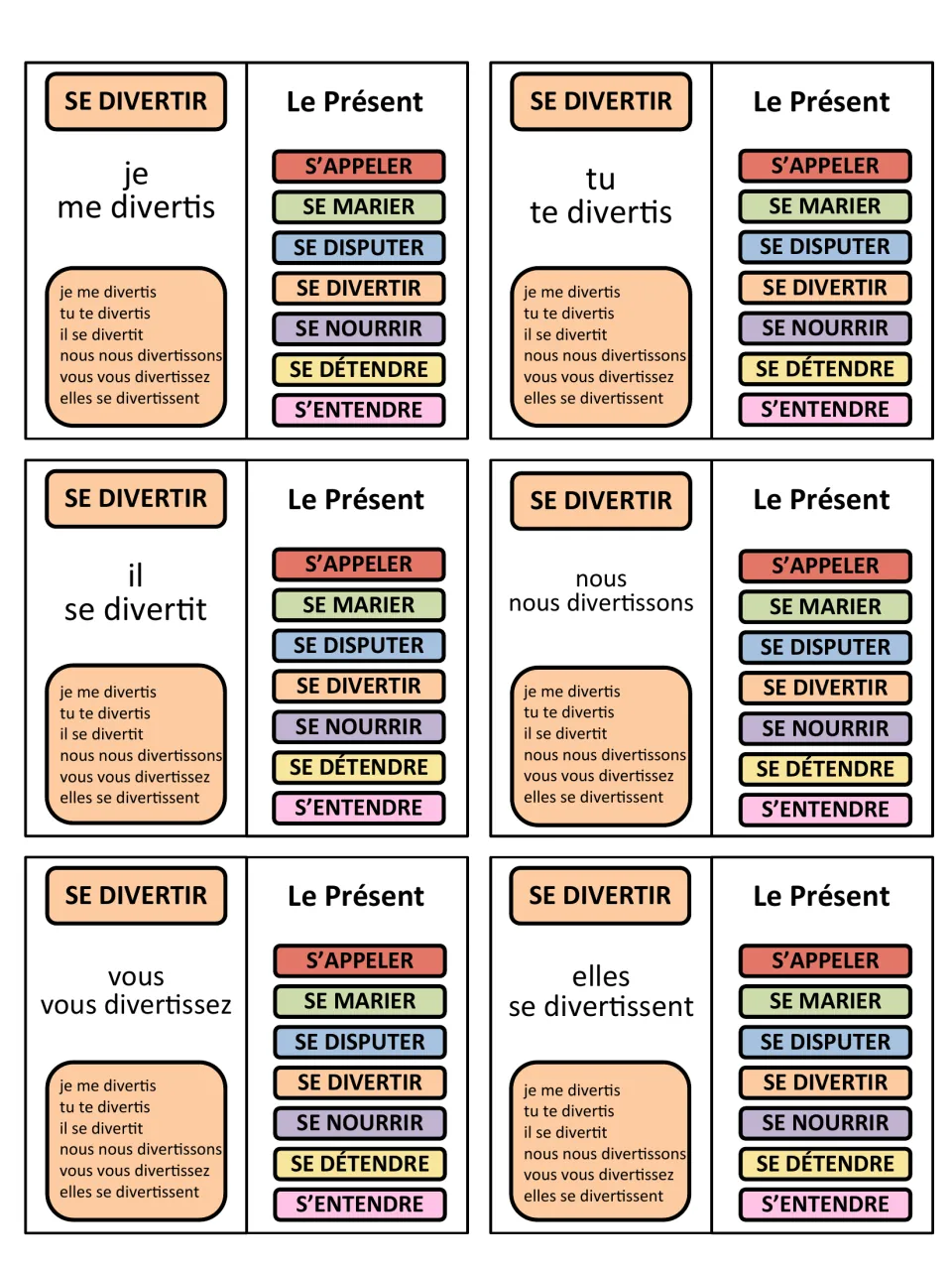 French game cards 19–24: se divertir (to have fun), conjugated for je, tu, il, nous, vous and elles.