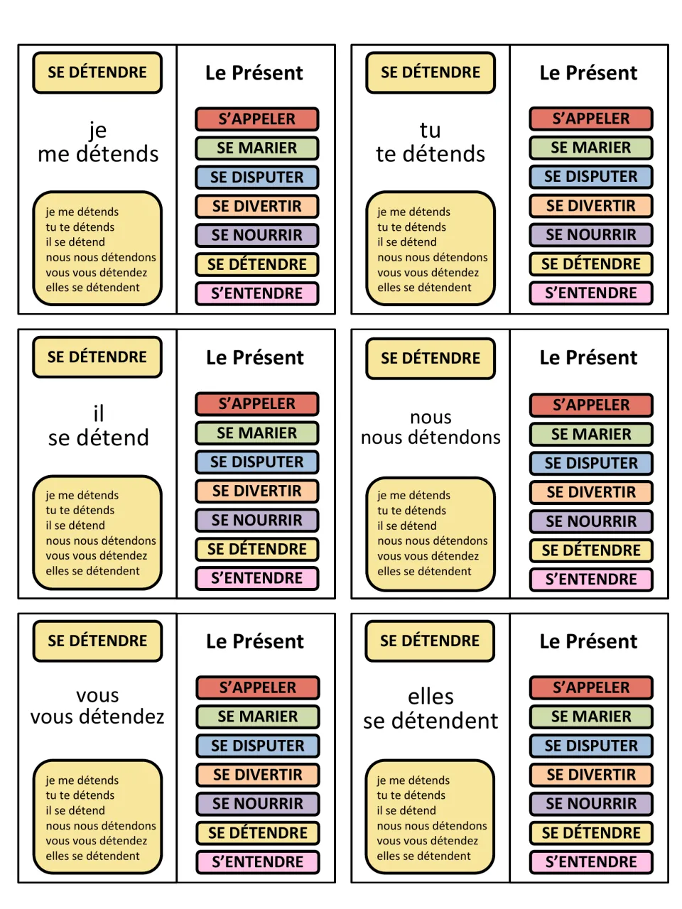 French game cards 31–36: se détendre (to relax), conjugated for je, tu, il, nous, vous and elles.