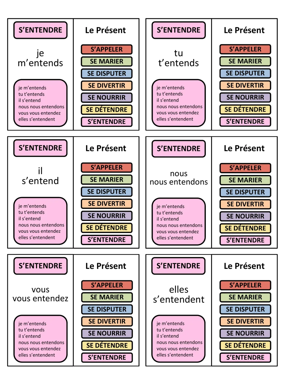 French game cards 37–42: s’entendre (to get along), conjugated for je, tu, il, nous, vous and elles.