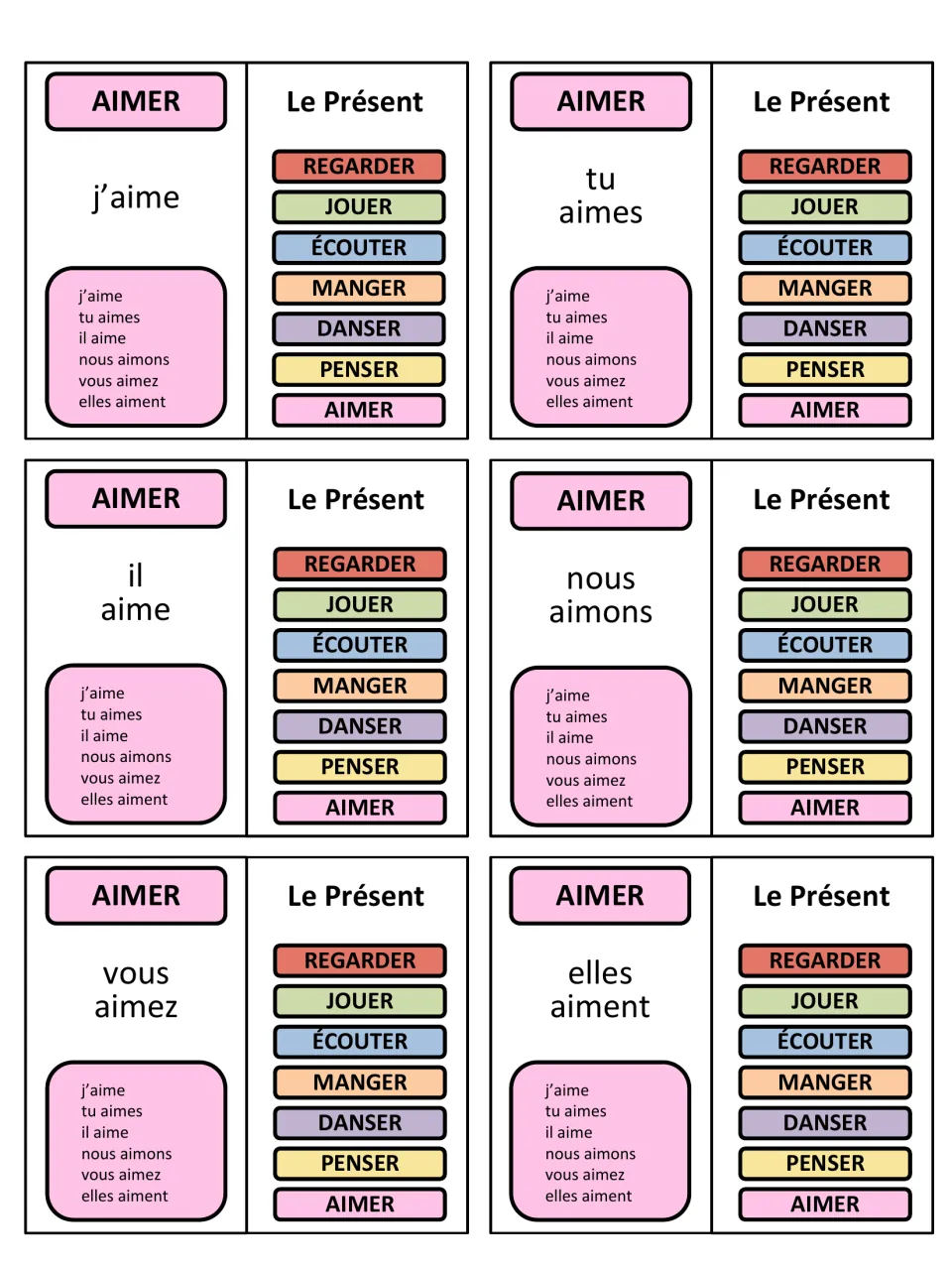 Game cards 37–42: aimer (to like or love) in the present tense for je, tu, il, nous, vous, and elles.
