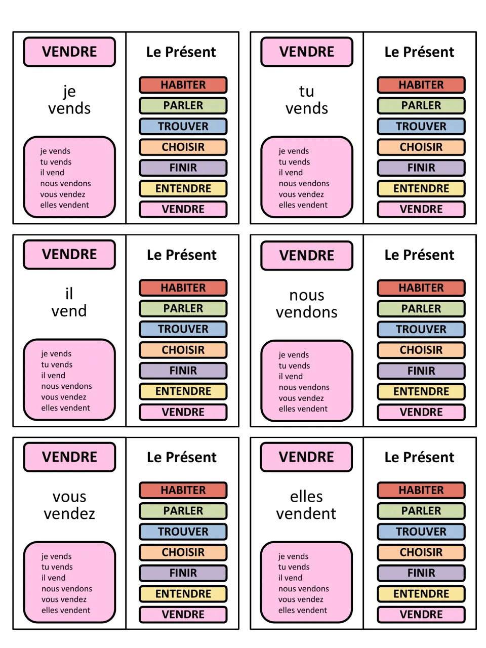 French game cards 37–42: vendre (to sell), from je vends to elles vendent, with present-tense reference lists