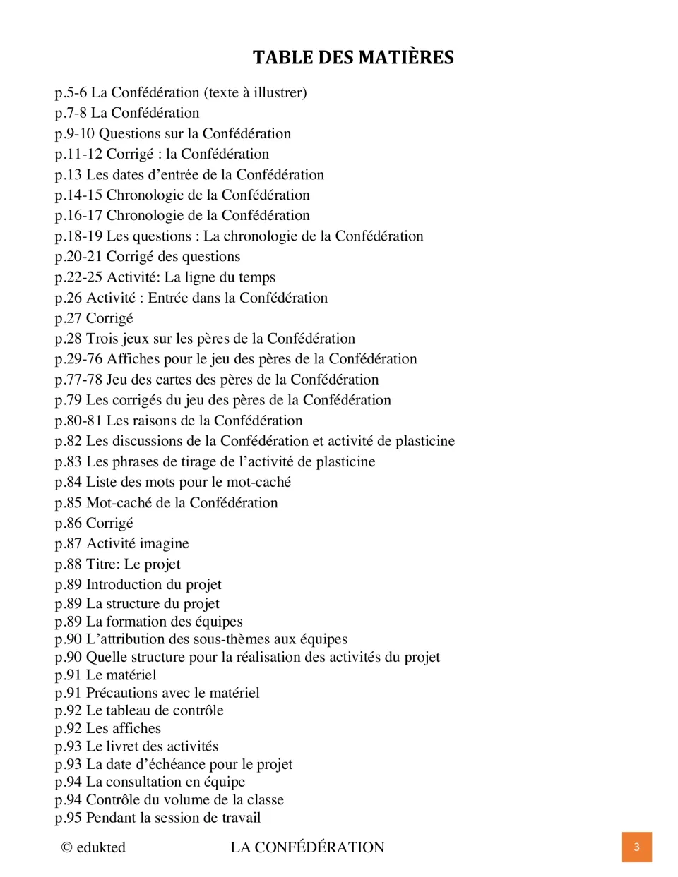 First contents page lists Confederation readings, questions, timelines, games, and group project guidance