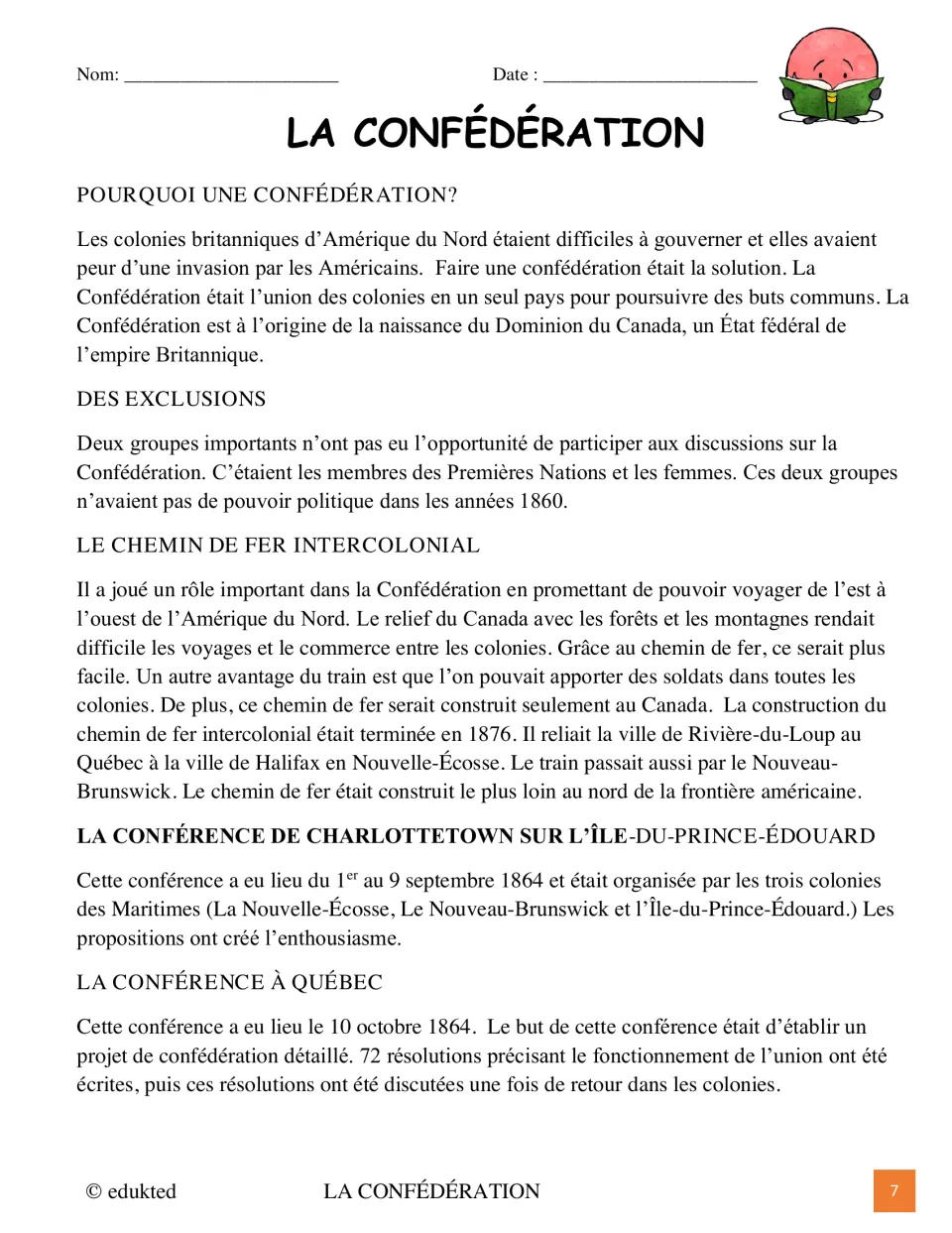 French Confederation reading covers reasons for union, excluded groups, the railroad, and two conferences