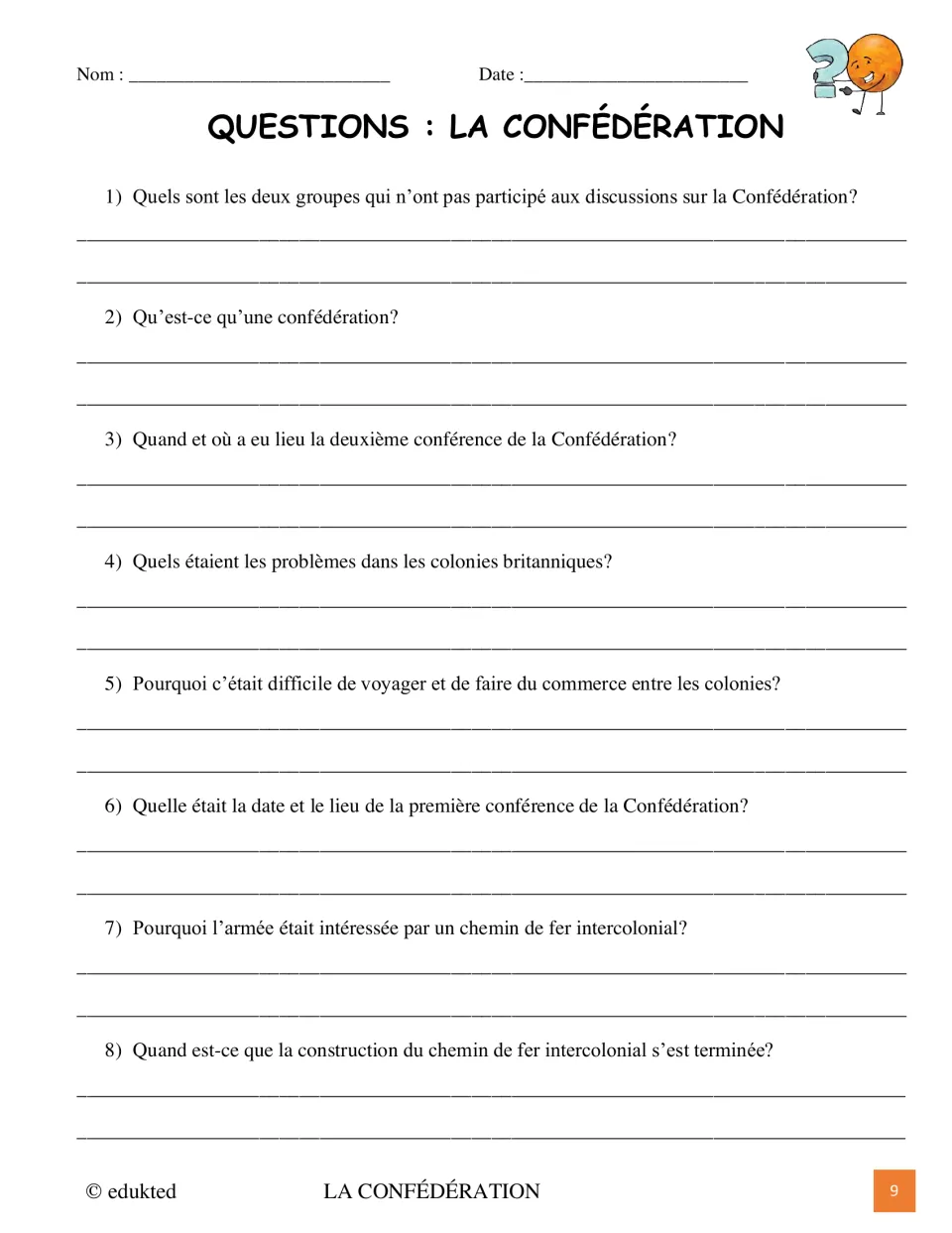 Confederation comprehension questions 1–8 in French ask about excluded groups, conferences, and the railroad