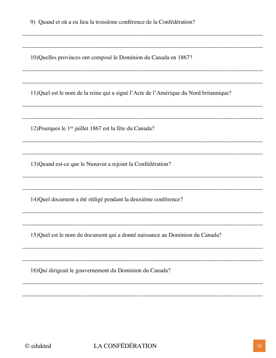 Confederation questions 9–16 in French cover London, founding provinces, Queen Victoria, Nunavut, and documents