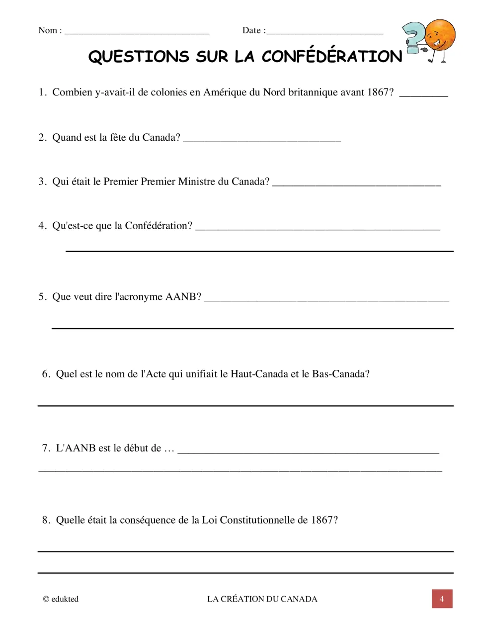 Confederation comprehension questions 1–8 in French ask about colonies, Canada Day, the AANB, and union