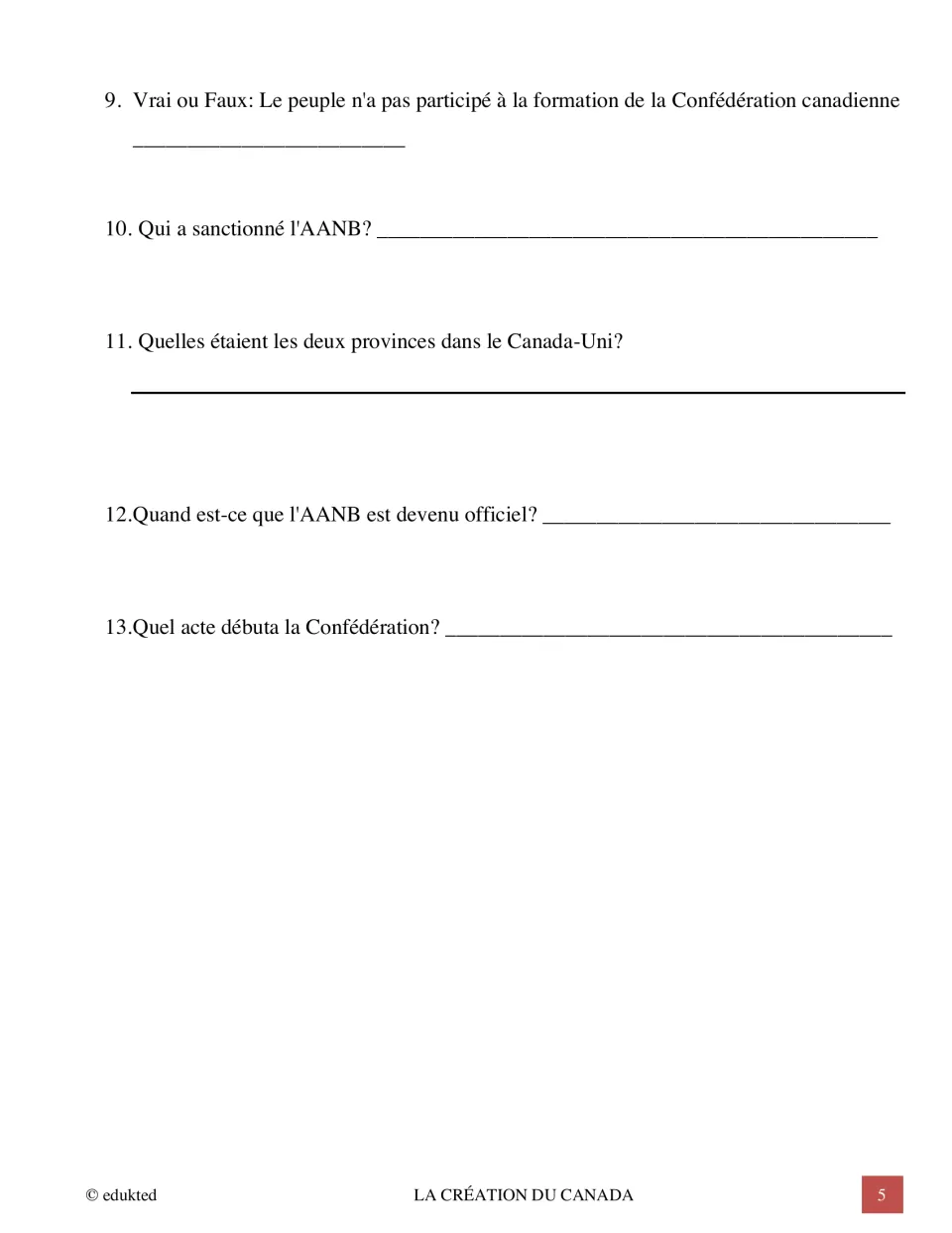 Confederation questions 9–13 in French cover public participation, royal approval, provinces, and dates