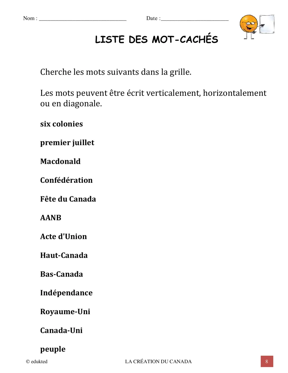 French word-search list gives 13 terms, including Confédération (Confederation) and peuple (people)