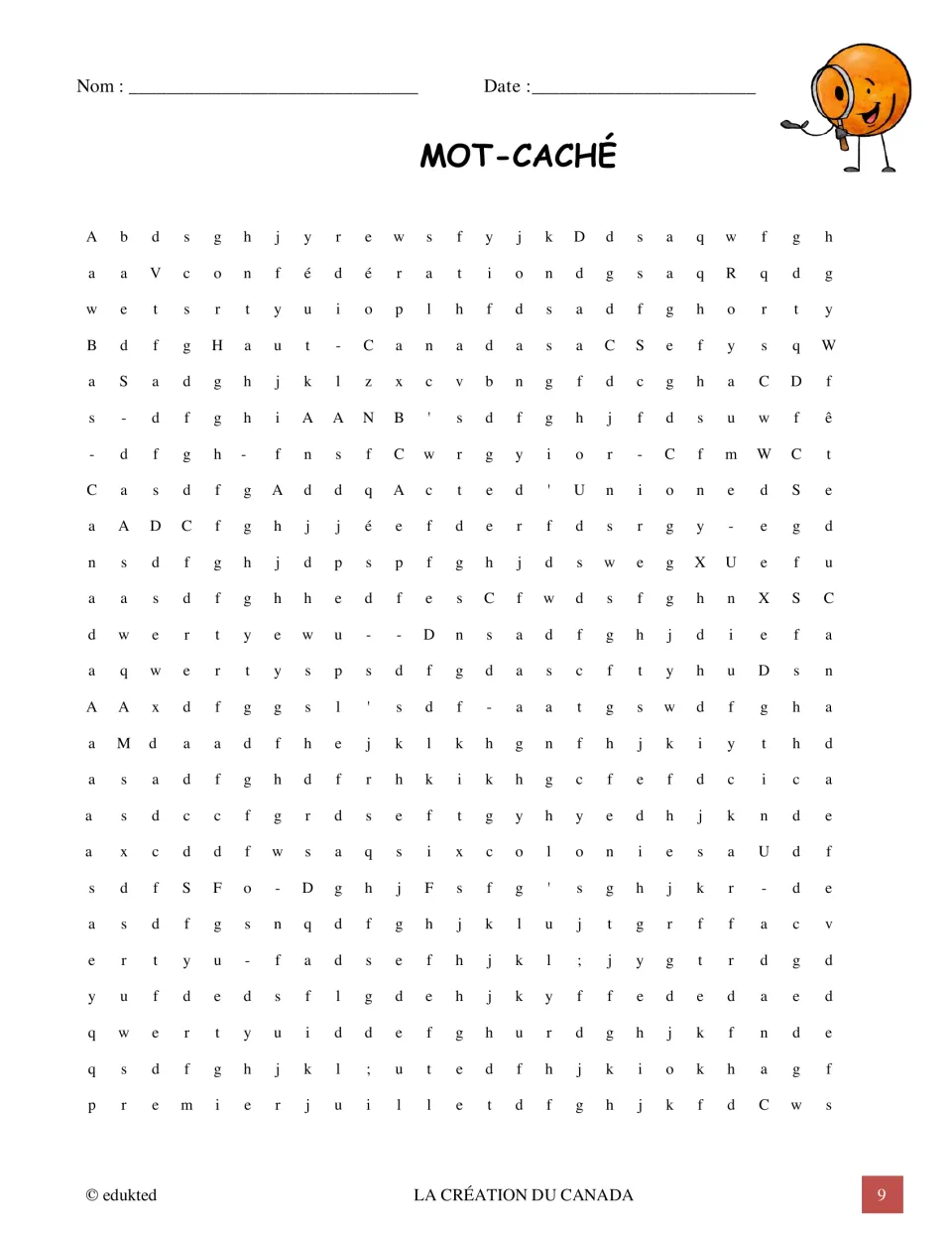 French Confederation word-search puzzle includes Haut-Canada (Upper Canada), AANB, and premier juillet