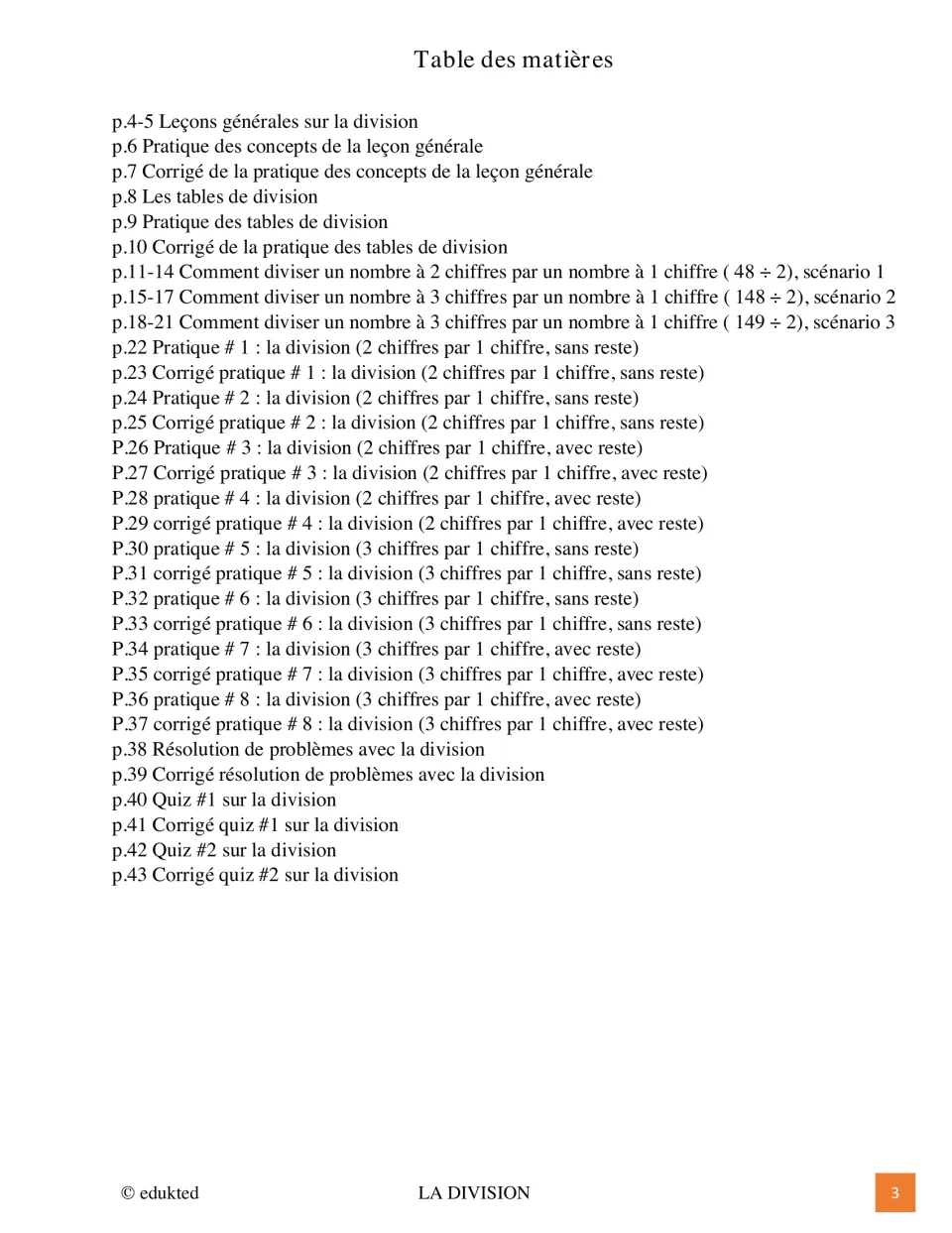 Division workbook contents list lessons, eight practice sets, word problems, two quizzes, and answer keys